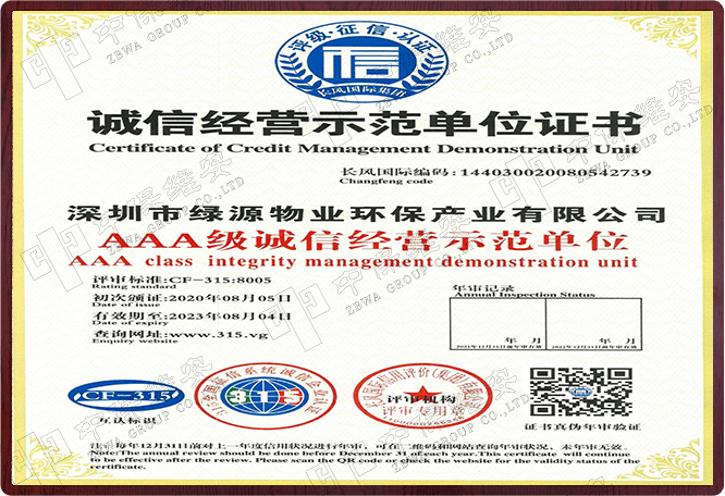诚信经营示范单位证书